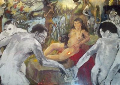 True Intent the lurking of pleasure that represents the pursuit of lust that requires one to capture one's desire. Centered is a woman with a black cat symbolizing her vaginal area. While men attempt to come closer, they must first defeat their lustful desire.