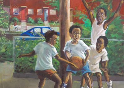 Oil painting of four African American young boys, playing basketball on a homemade court.