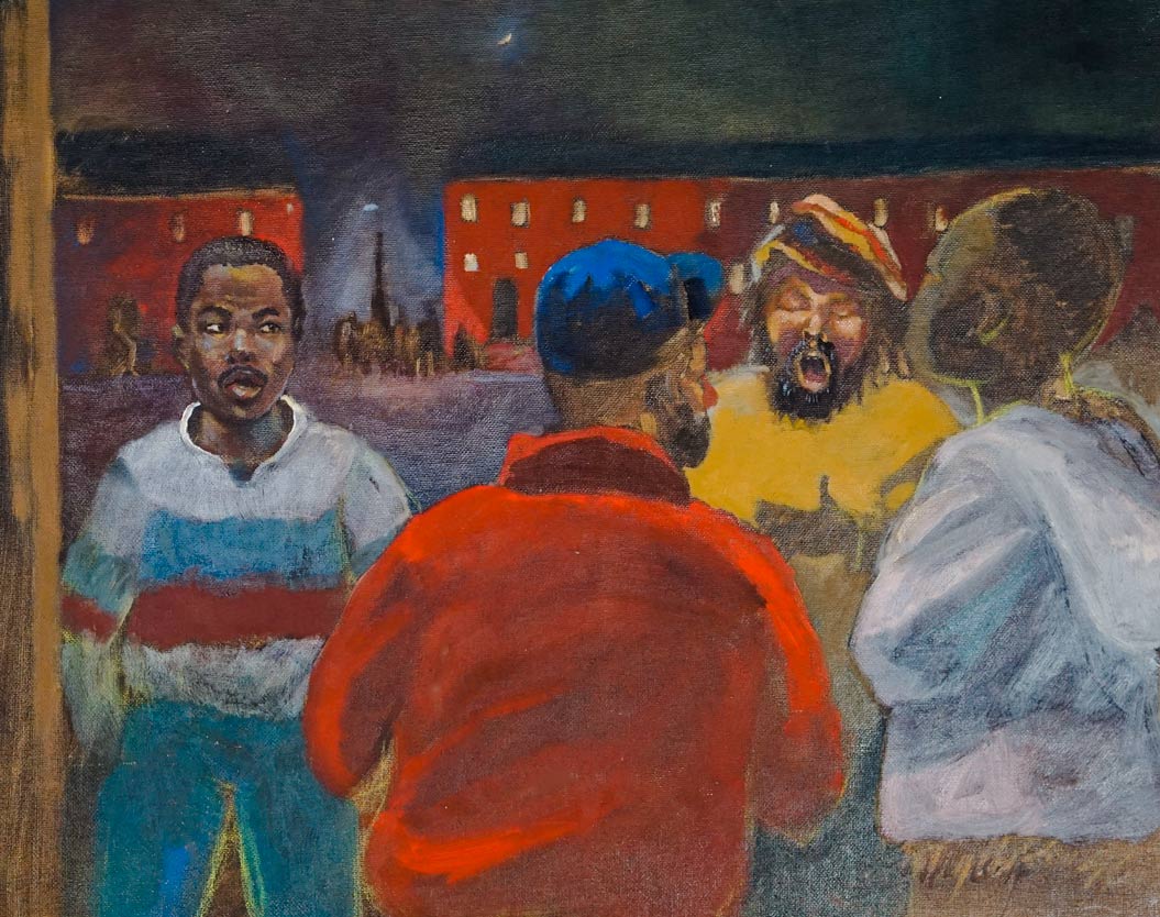 I-Got-Love-on-a-Two-Way-Street Painting of for men singing under a street light
