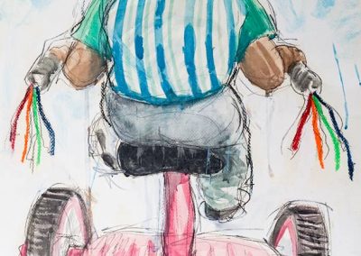 My first bike is a watercolor painting on paper of a boy seen riding away on a red tricycle with colorful tassels.