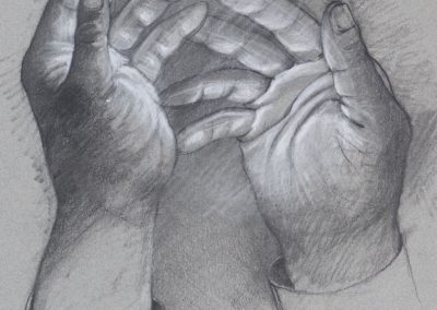 A sketch of exploring creative hands, questioning if creativity is in the hands or mind.