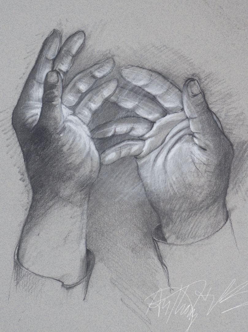 A sketch of exploring creative hands, questioning if creativity is in the hands or mind.