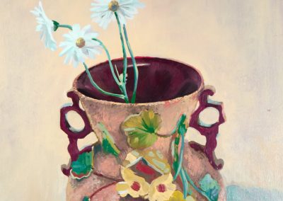 A yellowish brown oil painting of a clay floral designed vase with four long stem daises flowers in it. Painted by an African American Visual Artist