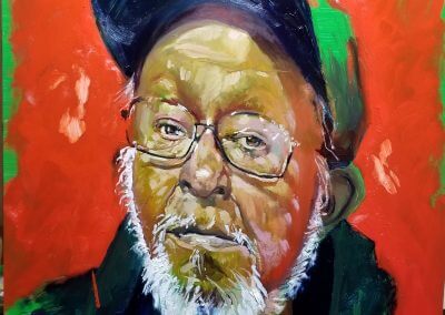 A stylized oil painting of a bearded man wearing a cap, coat, and a blue shirt with a red background on panel, 18 X 24 inches