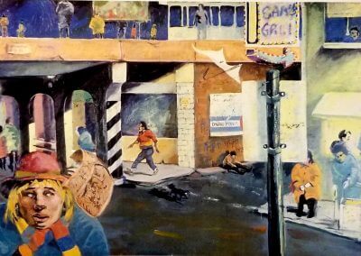 A oil painting depicting an elevated subway platform called the Chicago Winter scene at Bryn Mar Elevated subway.