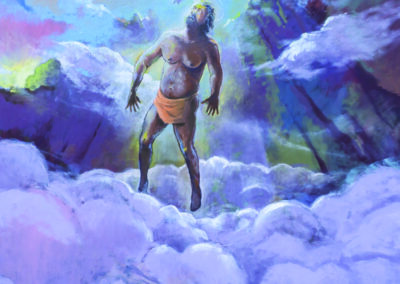 A 48 X 60 oil painting of an image of a male figure floating above the clouds greeted by a dove at distance of the sun. Surrounded by animatic clouds and mountains.