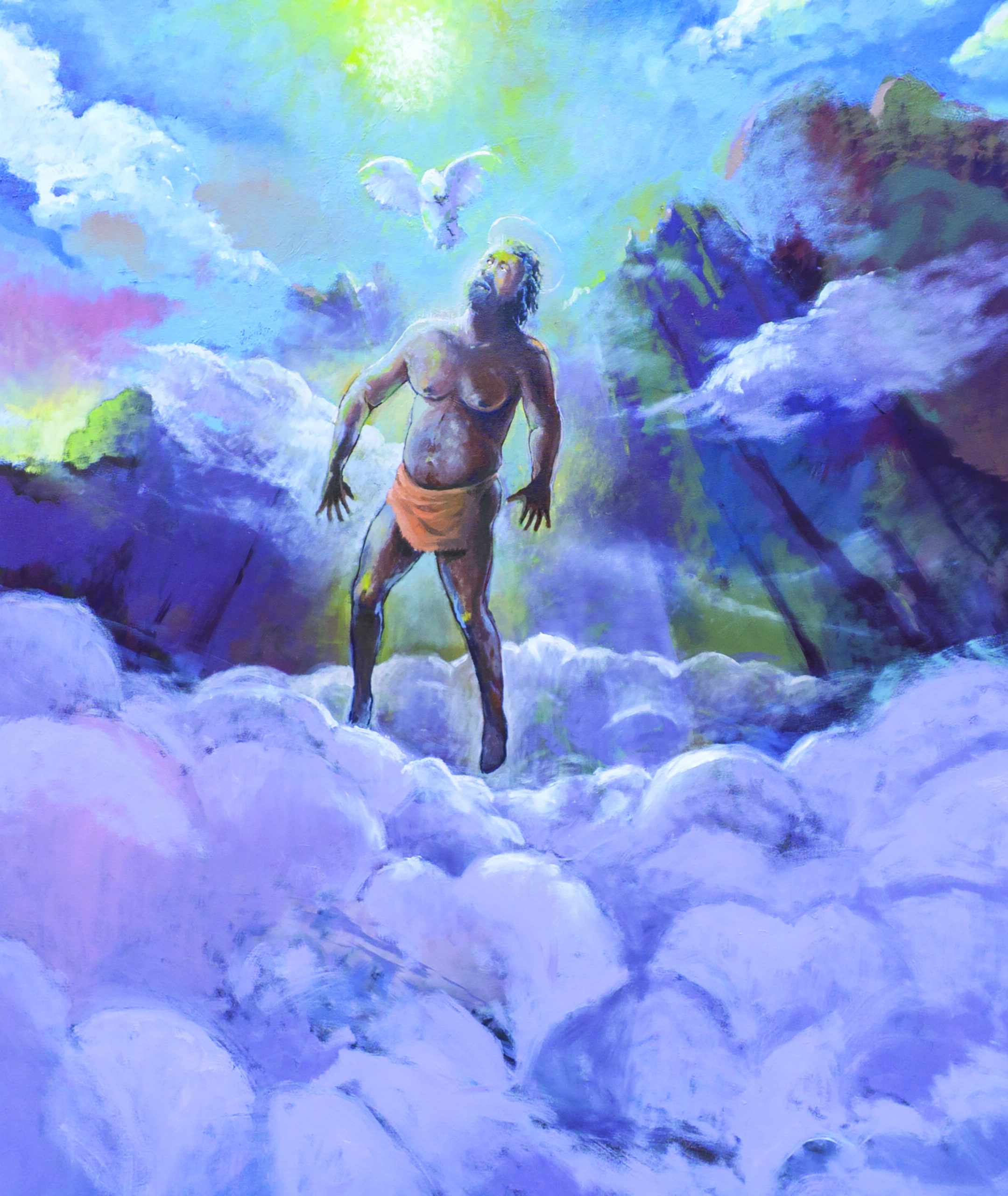 A 48 X 60 oil painting of an image of a male figure floating above the clouds greeted by a dove at distance of the sun. Surrounded by animatic clouds and mountains.
