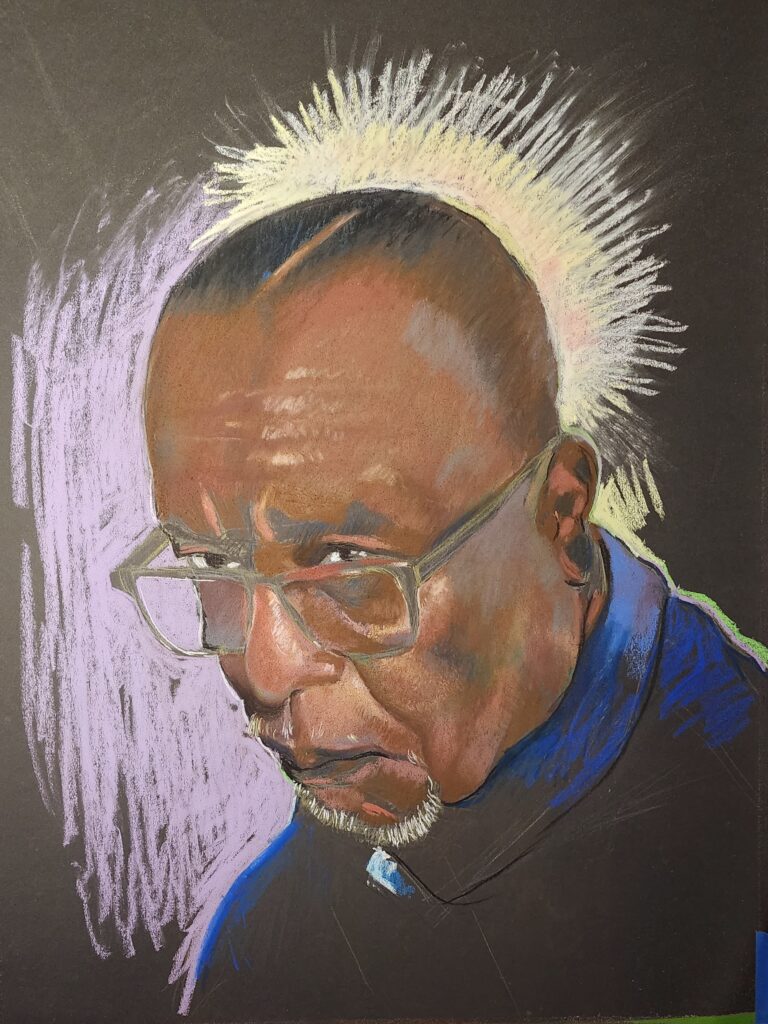 Theodore P. Brown Pastel portrait of a black man facing the left with a tilt while he looks upward.